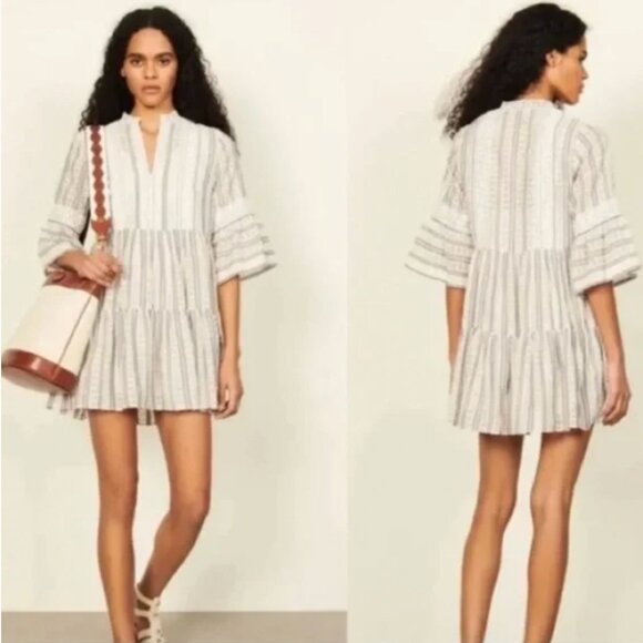 Sandro Stephanie Striped Lace Trim Bell Sleeve Tiered Mini Dress Sz 34 (US XS) - Picture 1 of 13